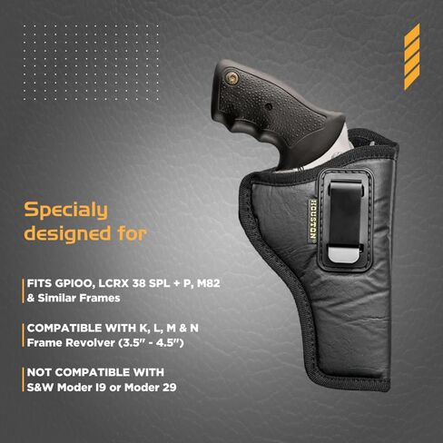 Houston Gun Holsters IWB Revolver Holster - حافظات حمل مخفية للمسدسات، حافظة مسدس يدوية جلدية صديقة للبيئة مع تصميم داخلي من جلد الغزال، يناسب إطارات K، L، M، N، 5 و6 طلقة، برميل من 3.5 بوصة إلى 4.5 بوصة in Kuwait