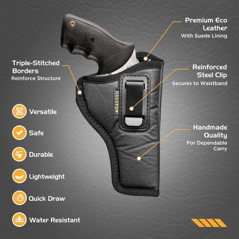 Houston Gun Holsters IWB Revolver Holster - حافظات حمل مخفية للمسدسات، حافظة مسدس يدوية جلدية صديقة للبيئة مع تصميم داخلي من جلد الغزال، يناسب إطارات K، L، M، N، 5 و6 طلقة، برميل من 3.5 بوصة إلى 4.5 بوصة in Kuwait