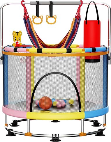 55" Trampoline for Kids with Safety Enclosure Net, 440LBS Indoor & Outdoor Toddler Trampoline with Adjustable Gymnastics Bar,Basketball & Toys, Gift for Boys Girls in Kuwait