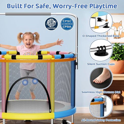 55" Trampoline for Kids with Safety Enclosure Net, 440LBS Indoor & Outdoor Toddler Trampoline with Adjustable Gymnastics Bar,Basketball & Toys, Gift for Boys Girls in Kuwait