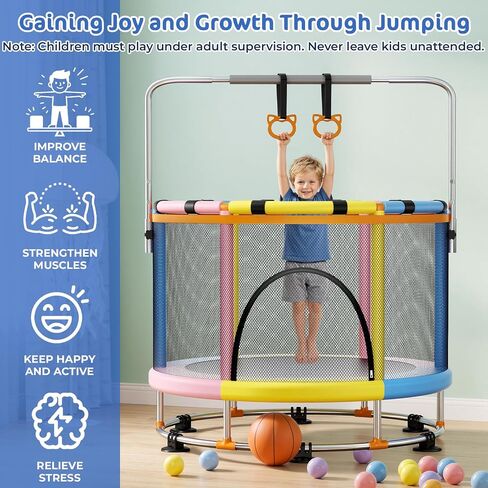 55" Trampoline for Kids with Safety Enclosure Net, 440LBS Indoor & Outdoor Toddler Trampoline with Adjustable Gymnastics Bar,Basketball & Toys, Gift for Boys Girls in Kuwait