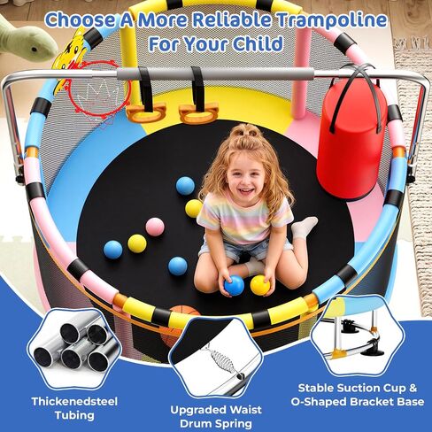 55" Trampoline for Kids with Safety Enclosure Net, 440LBS Indoor & Outdoor Toddler Trampoline with Adjustable Gymnastics Bar,Basketball & Toys, Gift for Boys Girls in Kuwait