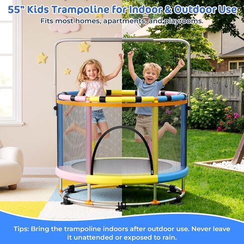 55" Trampoline for Kids with Safety Enclosure Net, 440LBS Indoor & Outdoor Toddler Trampoline with Adjustable Gymnastics Bar,Basketball & Toys, Gift for Boys Girls in Kuwait