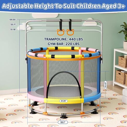 55" Trampoline for Kids with Safety Enclosure Net, 440LBS Indoor & Outdoor Toddler Trampoline with Adjustable Gymnastics Bar,Basketball & Toys, Gift for Boys Girls in Kuwait