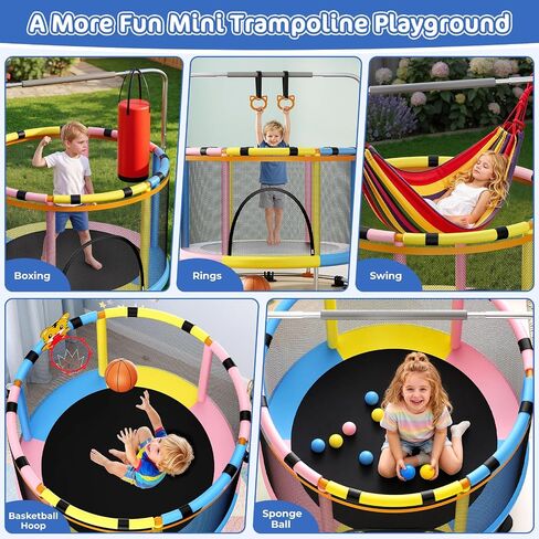 55" Trampoline for Kids with Safety Enclosure Net, 440LBS Indoor & Outdoor Toddler Trampoline with Adjustable Gymnastics Bar,Basketball & Toys, Gift for Boys Girls in Kuwait