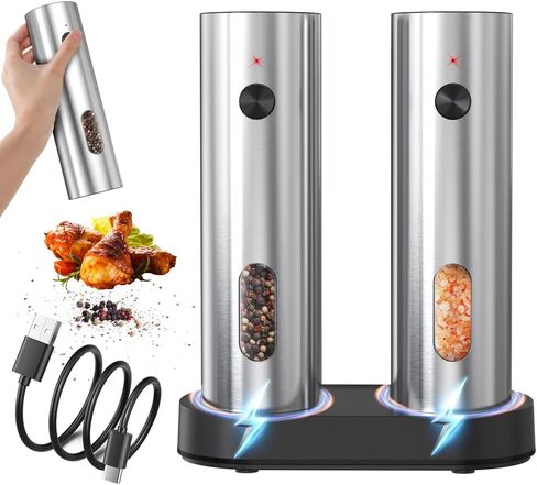 Electric Salt and Pepper Grinder Set with Rechargeable Base, Stainless Steel Automatic Pepper Mill, Large Capacity with LED Light & Adjustable Coarseness, Ideal for Kitchen, Outdoor & BBQ Gifts in Kuwait