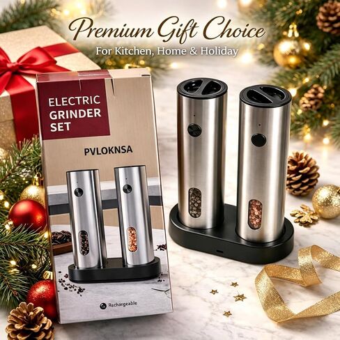 Electric Salt and Pepper Grinder Set with Rechargeable Base, Stainless Steel Automatic Pepper Mill, Large Capacity with LED Light & Adjustable Coarseness, Ideal for Kitchen, Outdoor & BBQ Gifts in Kuwait