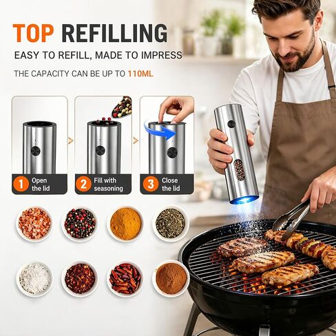 Electric Salt and Pepper Grinder Set with Rechargeable Base, Stainless Steel Automatic Pepper Mill, Large Capacity with LED Light & Adjustable Coarseness, Ideal for Kitchen, Outdoor & BBQ Gifts in Kuwait