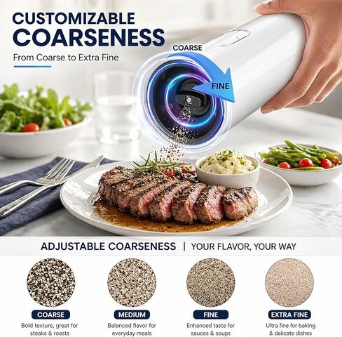 Electric Salt and Pepper Grinder Set with Rechargeable Base, Stainless Steel Automatic Pepper Mill, Large Capacity with LED Light & Adjustable Coarseness, Ideal for Kitchen, Outdoor & BBQ Gifts in Kuwait
