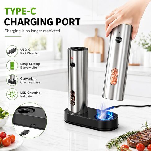 Electric Salt and Pepper Grinder Set with Rechargeable Base, Stainless Steel Automatic Pepper Mill, Large Capacity with LED Light & Adjustable Coarseness, Ideal for Kitchen, Outdoor & BBQ Gifts in Kuwait