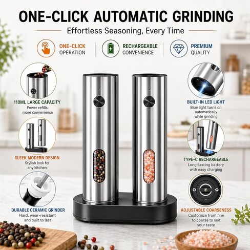 Electric Salt and Pepper Grinder Set with Rechargeable Base, Stainless Steel Automatic Pepper Mill, Large Capacity with LED Light & Adjustable Coarseness, Ideal for Kitchen, Outdoor & BBQ Gifts in Kuwait