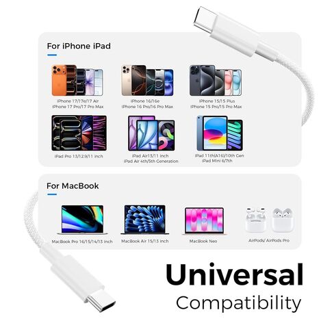 كابل USB C إلى USB C 3FT 60W، شاحن Apple MFi معتمد من النوع C سلك شحن سريع منسوج لهاتف iPhone 17 16 15 Pro Max Plus، iPad A16/10th Gen، iPad Pro 13/12.9/11 بوصة، iPad Air، MacBook Neo/Air in Kuwait