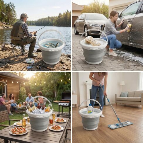 Collapsible Bucket 5L, Foldable Silicone Water Pail with Handle, Portable Space Saving Bucket for Cleaning, Camping, Car Wash, Fishing, Travel, Durable Lightweight Utility Container in Kuwait