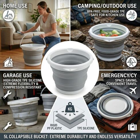 Collapsible Bucket 5L, Foldable Silicone Water Pail with Handle, Portable Space Saving Bucket for Cleaning, Camping, Car Wash, Fishing, Travel, Durable Lightweight Utility Container in Kuwait