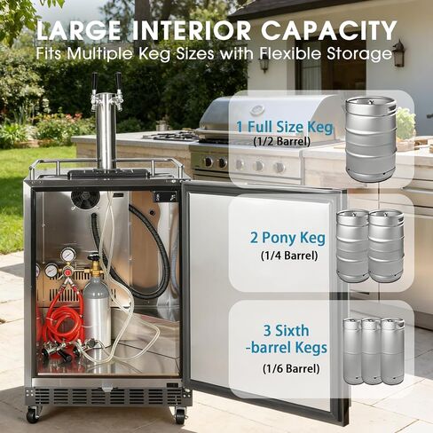 HCK Kegerator 24 بوصة، 2 في 1 في الهواء الطلق Kegerator Undercounter، 2 صنابير مشروع البيرة موزع، الملحقات الكاملة، الفولاذ المقاوم للصدأ، Kegerator البيرة كاملة الحجم لشريط المنزل، الفناء، المطبخ في الهواء الطلق in Kuwait