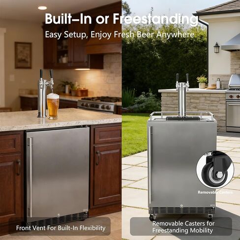 HCK Kegerator 24 بوصة، 2 في 1 في الهواء الطلق Kegerator Undercounter، 2 صنابير مشروع البيرة موزع، الملحقات الكاملة، الفولاذ المقاوم للصدأ، Kegerator البيرة كاملة الحجم لشريط المنزل، الفناء، المطبخ في الهواء الطلق in Kuwait