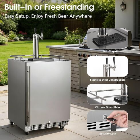 HCK Kegerator 24 بوصة، 2 في 1 في الهواء الطلق Kegerator Undercounter، 2 صنابير مشروع البيرة موزع، الملحقات الكاملة، الفولاذ المقاوم للصدأ، Kegerator البيرة كاملة الحجم لشريط المنزل، الفناء، المطبخ في الهواء الطلق in Kuwait