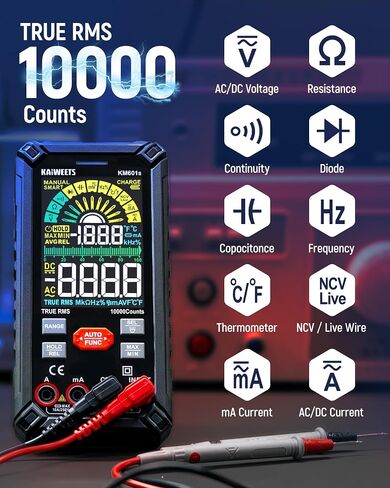 KAIWEETS KM601s مقياس متعدد رقمي 10000 عدد TRMS مقياس متعدد ذكي قابل لإعادة الشحن وKET20 سيليكون متعدد يؤدي اختبار مع مجسات مطلية بالذهب in Kuwait