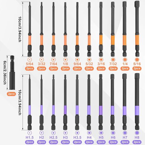 40Pcs Allen Wrench Drill Bit Set, Metric & SAE 4" Long Hex Bit Set, 1/4" Hex Shank Allen Key Drill Bits w/Magnetic CNC Tip & Extension Socket, S2 Steel Allen Wrenches Sets for Impact Drivers & Drills in Kuwait