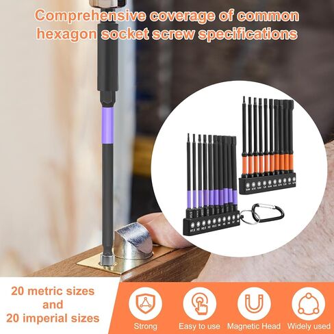40Pcs Allen Wrench Drill Bit Set, Metric & SAE 4" Long Hex Bit Set, 1/4" Hex Shank Allen Key Drill Bits w/Magnetic CNC Tip & Extension Socket, S2 Steel Allen Wrenches Sets for Impact Drivers & Drills in Kuwait