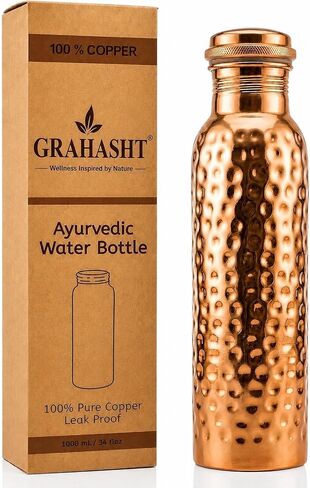 Premium Pure Copper Water Bottle 34oz (1000ml) | Handmade, Hammered, Ayurvedic, Leak-Proof, Heavy-Duty Design in Kuwait