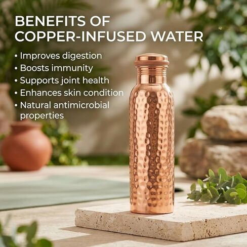 Premium Pure Copper Water Bottle 34oz (1000ml) | Handmade, Hammered, Ayurvedic, Leak-Proof, Heavy-Duty Design in Kuwait
