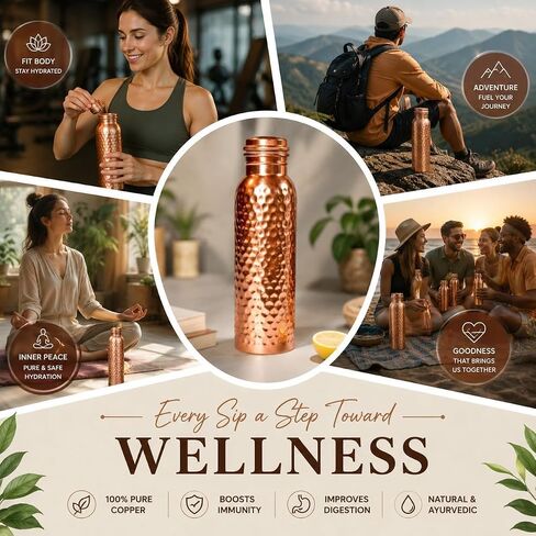 Premium Pure Copper Water Bottle 34oz (1000ml) | Handmade, Hammered, Ayurvedic, Leak-Proof, Heavy-Duty Design in Kuwait