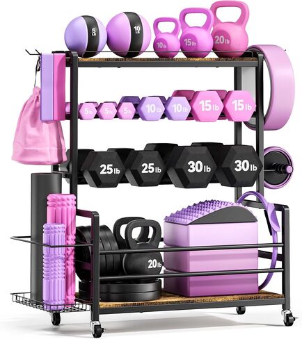 Dumbbell Rack with Wheels, 3-Tier Home Gym Storage Rack, Workout Equipment Organizer with Lockable Casters, Hooks, Side Basket and Wood Shelves in Kuwait