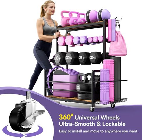 Dumbbell Rack with Wheels, 3-Tier Home Gym Storage Rack, Workout Equipment Organizer with Lockable Casters, Hooks, Side Basket and Wood Shelves in Kuwait