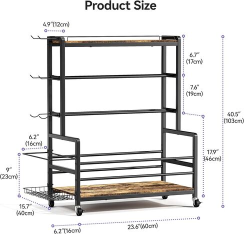 Dumbbell Rack with Wheels, 3-Tier Home Gym Storage Rack, Workout Equipment Organizer with Lockable Casters, Hooks, Side Basket and Wood Shelves in Kuwait