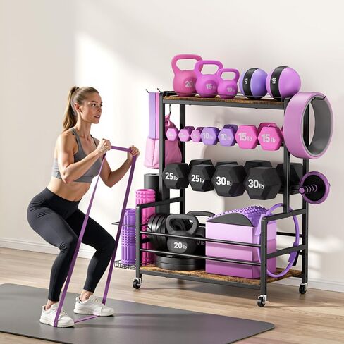 Dumbbell Rack with Wheels, 3-Tier Home Gym Storage Rack, Workout Equipment Organizer with Lockable Casters, Hooks, Side Basket and Wood Shelves in Kuwait