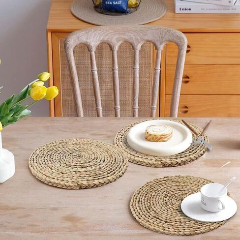 6Pcs 12" Round Woven Rattan Placemats,Natural Hand-Woven Water Hyacinth Placemats,Farmhouse Weave Place Mats,Rustic Braided Wicker Table Mats (12inch Set of 6) in Kuwait