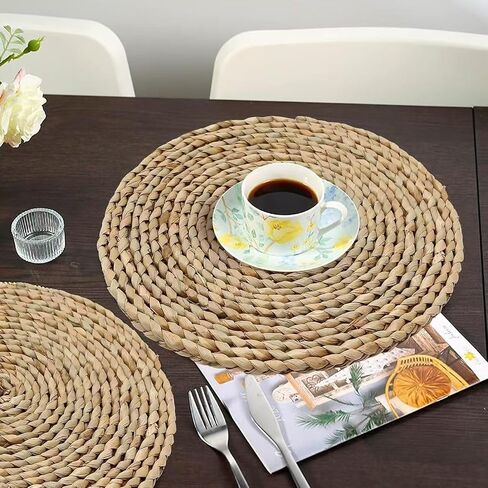 6Pcs 12" Round Woven Rattan Placemats,Natural Hand-Woven Water Hyacinth Placemats,Farmhouse Weave Place Mats,Rustic Braided Wicker Table Mats (12inch Set of 6) in Kuwait