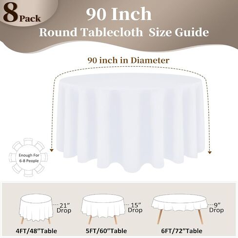 8 Pack White Round Tablecloth, 90 Inch | Wrinkle Resistant Table Cloth, Washable, Polyester Fabric, For 3Ft-5Ft Round Table, For Dining Banquet Wedding Party in Kuwait