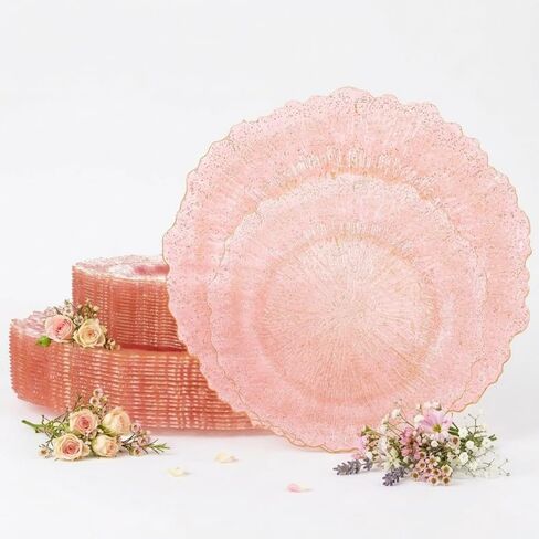 U-QE 60PCS Pink Plates for Party - Pink Plastic Plates Disposable Heavy Duty - Clear Pink Plastic Plates for Mother's Day Including 30 Plastic Dinner Plates 10" & 30 Plastic Dessert Plates 7" in Kuwait