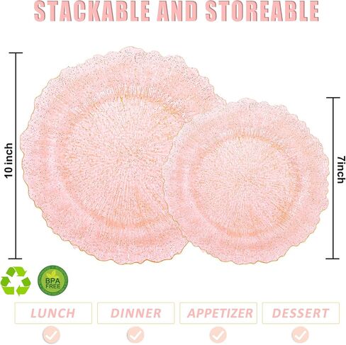 U-QE 60PCS Pink Plates for Party - Pink Plastic Plates Disposable Heavy Duty - Clear Pink Plastic Plates for Mother's Day Including 30 Plastic Dinner Plates 10" & 30 Plastic Dessert Plates 7" in Kuwait