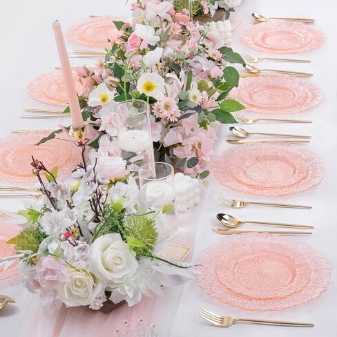 U-QE 60PCS Pink Plates for Party - Pink Plastic Plates Disposable Heavy Duty - Clear Pink Plastic Plates for Mother's Day Including 30 Plastic Dinner Plates 10" & 30 Plastic Dessert Plates 7" in Kuwait
