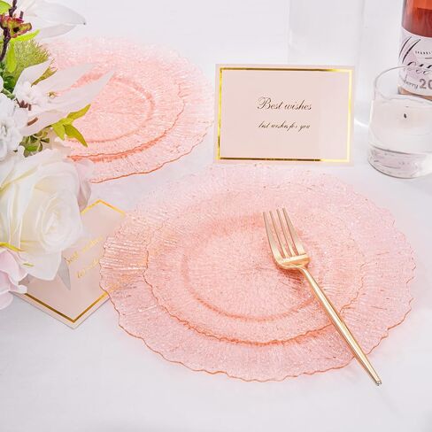 U-QE 60PCS Pink Plates for Party - Pink Plastic Plates Disposable Heavy Duty - Clear Pink Plastic Plates for Mother's Day Including 30 Plastic Dinner Plates 10" & 30 Plastic Dessert Plates 7" in Kuwait