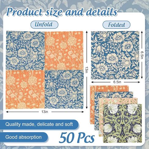 Whaline 50Pcs William Morris Floral Paper Napkins | Disposable Luncheon Napkins, Vintage Flower Design, for Spring Birthday Wedding Party Table Decor in Kuwait
