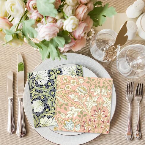Whaline 50Pcs William Morris Floral Paper Napkins | Disposable Luncheon Napkins, Vintage Flower Design, for Spring Birthday Wedding Party Table Decor in Kuwait