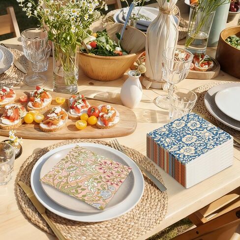 Whaline 50Pcs William Morris Floral Paper Napkins | Disposable Luncheon Napkins, Vintage Flower Design, for Spring Birthday Wedding Party Table Decor in Kuwait