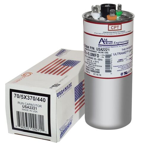 استبدال مكثف التشغيل العالمي المزدوج 70 + 5 فائق التوهج/Mfd استبدال Amrad USA2221 - يستخدم لـ 370 أو 440 VAC، صنع في الولايات المتحدة الأمريكية. in Kuwait