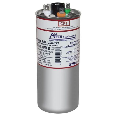 استبدال مكثف التشغيل العالمي المزدوج 70 + 5 فائق التوهج/Mfd استبدال Amrad USA2221 - يستخدم لـ 370 أو 440 VAC، صنع في الولايات المتحدة الأمريكية. in Kuwait