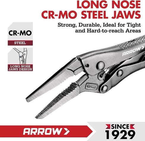 ARROW 6.5 in Needle Nose Locking Pliers, CR-MO Jaw, Long Nose Locking Pliers, Adjustable Clamping Pressure with Through-Hole Screw, Trigger Release, Ideal for Tight Spaces in Kuwait