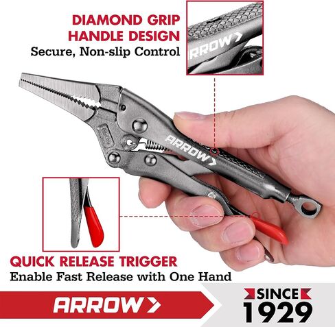 ARROW 6.5 in Needle Nose Locking Pliers, CR-MO Jaw, Long Nose Locking Pliers, Adjustable Clamping Pressure with Through-Hole Screw, Trigger Release, Ideal for Tight Spaces in Kuwait