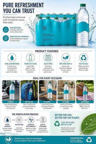 Purified Drinking Water Bottles 16.9 Fl Oz, 32 Pack – BPA Free Bottled Water Case | Purified Water Bottles For Home, Office, Travel & School | Pure Agua Mini Water Bottles Giftset For Emergency Supply in Kuwait