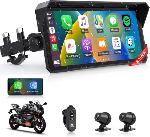 8.1 Inch 4K Motorcycle CarPlay Screen w 4K Dash Cam Wireless Carplay Android Auto Screen for Motorcycle with GPS Navigation Voice Control WiFi Video Transmission Dual Bluetooth IPX7 Waterproof TF-64G in Saudi Arabia