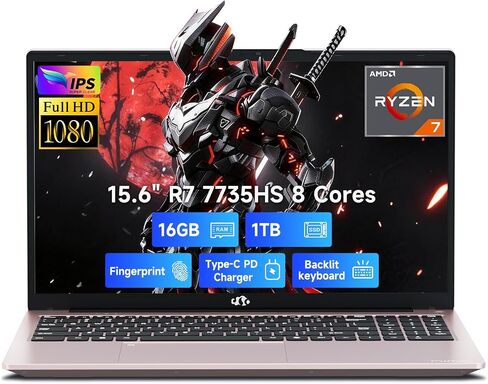 NIMO 15.6" IPS FHD Gaming-Laptop, AMD 8 Cores Ryzen 7 7735HS 32GB DDR5 RAM 1TB SSD, Radeon 680M Graphics, 100W Type-C Backlit Keyboard, Fingerprint Unlock, Wi-Fi 5, Bluetooth 5.2 in Kuwait