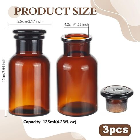 OLYCRAFT 3 قطع زجاجة كاشف زجاجية للمختبر 125 مل/4.23 أونصة زجاجات وسائط كاشف العنبر زجاجات تخزين زجاجية واسعة الفم مع مزهرية زجاجة سدادة أرضية لتخزين مختبر العلوم عينة من الماء الصلب in Kuwait