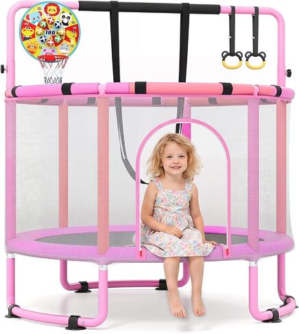 GYMAX Toddler Trampoline with Enclosure, 6 in 1 Kids Trampoline with Swing, Adjustable Gymnastics Bar, Rings, Basketball Hoop/Dart Board, Seamless Indoor Trampolines for Boys Girls in Kuwait